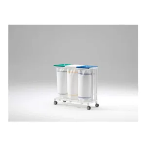 Colector de sucio con tapa para 3 bolsas SKU SLH 023, estructura resina blanca y ruedas con freno