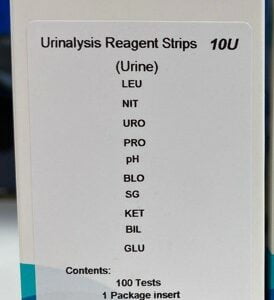 Test en tiras reactivas de orina con 100 unidades para análisis de leucocitos, nitritos, urobilinogeno, proteinas, ph, sangre, densidad, cetonas, bilirrubina y glucosa.