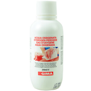 Agua oxigenada (Peróxido de hidrógeno) 3 % – 10 volúmenes – Frasco de 250 ml con etiqueta multilingüe GB/FR/IT/ES – Caja de 12 – GIMA (Ref. 36604)