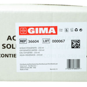 Agua oxigenada (Peróxido de hidrógeno) 3 % – 10 volúmenes – Frasco de 250 ml con etiqueta multilingüe GB/FR/IT/ES – Caja de 12 – GIMA (Ref. 36604)