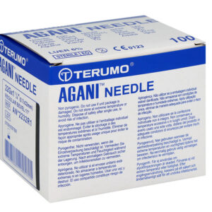 Aguja hipodérmica estéril Terumo Agani™ 22G x 1 1/4" (0,7 x 32 mm) – Ref. AN*2232R1, cubo negro ISO, caja de 100 uds.