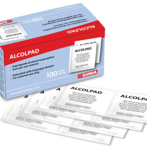 ALCOMED Alcohol Pads GIMA – Gasas impregnadas en alcohol isopropílico al 70% para desinfección de la piel (Caja de 100 uds)