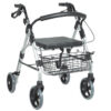 Andador con asiento Rollator Silver plegable GIMA con cesta delantera y frenos en ruedas traseras · Peso 7,4 kg · Carga 100 kg · Ref. 43143