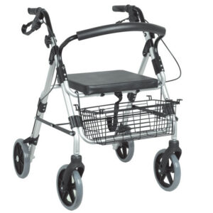 Andador con asiento Rollator Silver plegable GIMA con cesta delantera y frenos en ruedas traseras · Peso 7,4 kg · Carga 100 kg · Ref. 43143