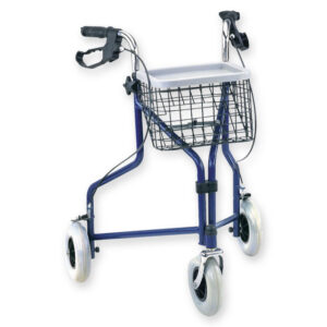 Andador de paseo con 3 ruedas GIMA (Ref. 43140) | Estructura de acero pintado azul, altura regulable, con cesta y bandeja | Carga 100 kg