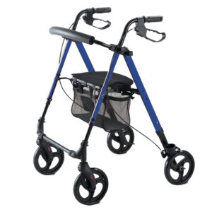 Andador plegable con ruedas (rollator) ligero GIMA en aluminio azul | Asiento y respaldo abatibles, altura regulable 90-100 cm, carga 136 kg | Ref. 43160