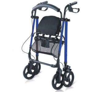 Andador plegable con ruedas (rollator) ligero GIMA en aluminio azul | Asiento y respaldo abatibles, altura regulable 90-100 cm, carga 136 kg | Ref. 43160