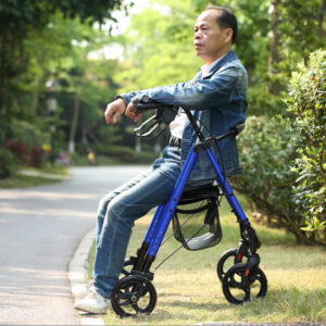 Andador plegable con ruedas (rollator) ligero GIMA en aluminio azul | Asiento y respaldo abatibles, altura regulable 90-100 cm, carga 136 kg | Ref. 43160