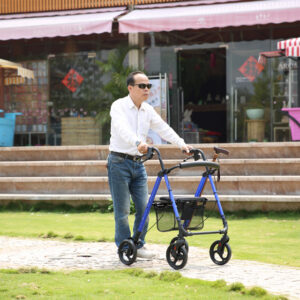 Andador plegable con ruedas (rollator) ligero GIMA en aluminio azul | Asiento y respaldo abatibles, altura regulable 90-100 cm, carga 136 kg | Ref. 43160