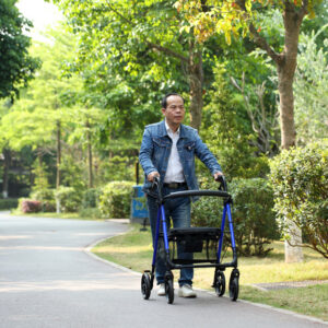 Andador plegable con ruedas (rollator) ligero GIMA en aluminio azul | Asiento y respaldo abatibles, altura regulable 90-100 cm, carga 136 kg | Ref. 43160