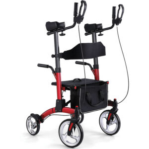 Andador vertical (stand up rollator) totalmente regulable en aluminio, color rojo, con doble freno manual y asiento acolchado – Ref. GIMA 43172