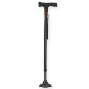 Bastón de seguridad con luz y alarma GIMA – Base antideslizante 4 patas negra, altura regulable 78–100,5 cm | Ref. 43052