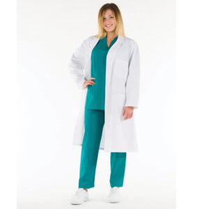 Bata Blanca de Algodón 100% para Profesional Sanitario – Unisex con Automáticos y Mujer con Botones (Talla 40 UE / XS USA / 36 FR) – GIMA