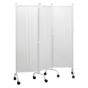 Biombo de 3 paneles con cortinas de plástico blanco y estructura de tubo de acero pintado epoxi | 150 × 169 cm | Ruedas Ø 50 mm | Ref. GIMA 45589