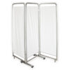 Biombo de 3 secciones para hospital y clínica – 60+60+60 cm × 180 cm, estructura de tubo ovalado 30×15 mm pintada en epoxi gris metalizado, con cortinas de algodón blanco o Trevira azul claro (GIMA 45580 / 45581)
