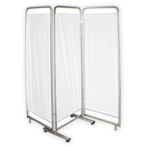 Biombo de 3 secciones para hospital y clínica – 60+60+60 cm × 180 cm, estructura de tubo ovalado 30×15 mm pintada en epoxi gris metalizado, con cortinas de algodón blanco o Trevira azul claro (GIMA 45580 / 45581)