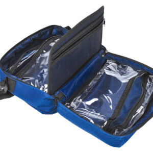 Bolsa de primeros auxilios GIMA First Aid Bag azul, vacía, con bolsillos interiores transparentes y correa de transporte · Ref. 27132 · EAN 8023279271324