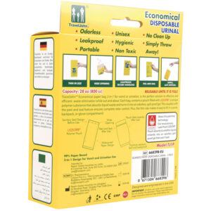 Bolsa desechable para orina y vómito TRAVELJOHN 800 cc GIMA 25887 – 2 en 1 en papel, gel absorbente LIQSORB, cierre hermético (SKU GM25887)