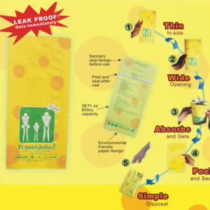 Bolsa desechable para orina y vómito TRAVELJOHN 800 cc GIMA 25887 – 2 en 1 en papel, gel absorbente LIQSORB, cierre hermético (SKU GM25887)