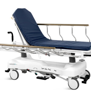 Camilla de transporte hidráulica de altura regulable 63–93 cm con posiciones Trendelenburg y anti-Trendelenburg, barandillas plegables y plataforma radiotransparente – Ref. GIMA 44782