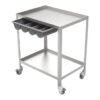 Carro auxiliar de acero inoxidable AISI 304 con cajón de plástico de 4 compartimentos y 2 baldas con bordes elevados, 4 ruedas de goma Ø 80 mm (Ref. GIMA 27430)