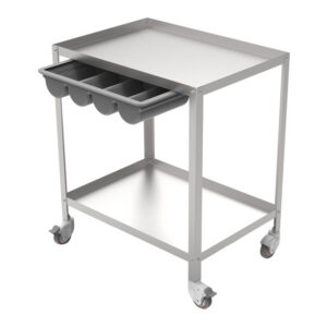 Carro auxiliar de acero inoxidable AISI 304 con cajón de plástico de 4 compartimentos y 2 baldas con bordes elevados, 4 ruedas de goma Ø 80 mm (Ref. GIMA 27430)