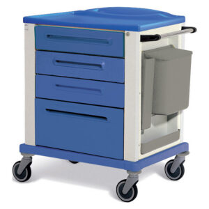 Carro de curas BASIC Standard azul de GIMA con 4 cajones, portarresiduos lateral 15 l y mesa lateral extra (Ref. 45702)