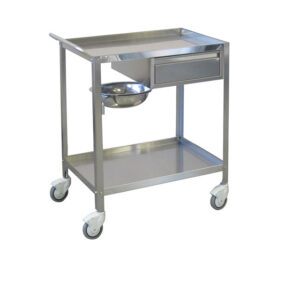 Carro de curas (Dressing Trolley) de acero inoxidable AISI 304, 2 bandejas 70x50 cm, cajón, portacubeta y cubeta – GIMA Ref. 27436