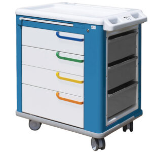 Carro de Curas Multifunción GIMA 65x88xH100 cm – Acero con Polvos Epoxídicos Antimicrobianos, 4 Cajones con Llave, Mesa Retráctil y Papelera 10 L (Ref. 45711)