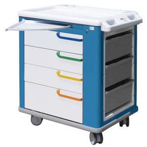 Carro de Curas Multifunción GIMA 65x88xH100 cm – Acero con Polvos Epoxídicos Antimicrobianos, 4 Cajones con Llave, Mesa Retráctil y Papelera 10 L (Ref. 45711)