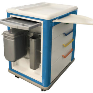 Carro de Curas Multifunción GIMA 65x88xH100 cm – Acero con Polvos Epoxídicos Antimicrobianos, 4 Cajones con Llave, Mesa Retráctil y Papelera 10 L (Ref. 45711)
