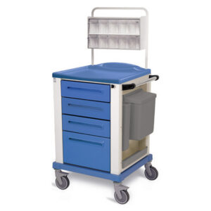 Carro de curas pequeño azul GIMA con bandeja porta-instrumentos, 4 cajones y dispensador superior – Ref. 45701