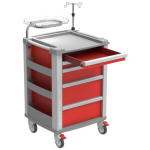 Carro de Emergencia Compacto GIMA en Aluminio | 5 Cajones de Extracción Total, Encimera con Borde de Contención y Cierre Centralizado | 634 x 605 x 975 mm | Ref. GM45665