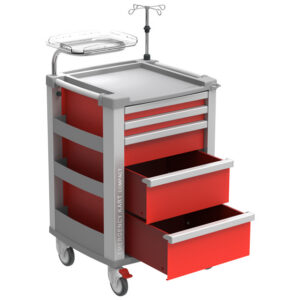 Carro de Emergencia Compacto GIMA en Aluminio | 5 Cajones de Extracción Total, Encimera con Borde de Contención y Cierre Centralizado | 634 x 605 x 975 mm | Ref. GM45665