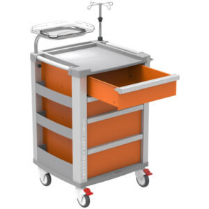 Carro de Emergencia Compacto GIMA en Aluminio | 5 Cajones de Extracción Total, Encimera con Borde de Contención y Cierre Centralizado | 634 x 605 x 975 mm | Ref. GM45665