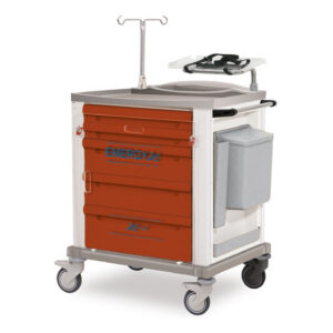 Carro de Emergencias de Acero Pintado con 5 Cajones de Plástico, Bandeja para Desfibrilador y Portasueros | 67x64x100-160 cm | Ref. GIMA GM45693