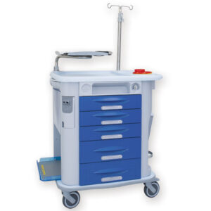 Carro de Urgencias y Emergencias AURION GIMA con 4 cajones en rojo – Incluye soporte de suero, bandeja para desfibrilador y tabla de RCP | Ref. GM45750