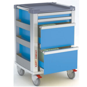 Carro médico multifuncional compacto de aluminio, color azul claro, con 2 cajones pequeños y 2 portafolios – GIMA Ref. 45674 (SKU GM45674)