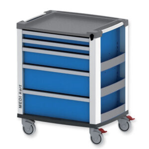 Carro multifunción de aluminio MEDI KART en color azul con 5 cajones para equipos médicos – GIMA (Ref. 45662)