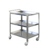 Carro TER de acero inoxidable AISI 304 con 3 estantes de bordes elevados (3,5 cm), asa de empuje y 4 ruedas de goma Ø 80 mm – 70x50xh 82 cm · GIMA Ref. 27431