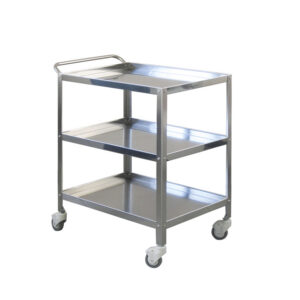 Carro TER de acero inoxidable AISI 304 con 3 estantes de bordes elevados (3,5 cm), asa de empuje y 4 ruedas de goma Ø 80 mm – 70x50xh 82 cm · GIMA Ref. 27431
