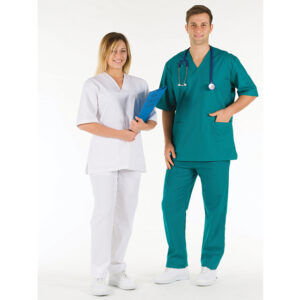 Casaca Sanitaria Unisex GIMA de Algodón 100% con Cuello en Pico – Tallas XS a XXL (Blanco, Verde, Azul Índigo) · Certificación OEKO-TEX® 100