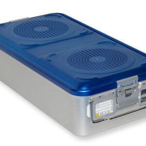 Contenedor de esterilización para instrumental GIMA con 4 filtros – Modelo grande 580 × 280 mm, fondo perforado, altura 100 mm, color azul (Ref. GM37130-F)