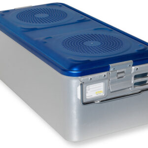 Contenedor de esterilización para instrumental GIMA con 4 filtros – Modelo grande 580 × 280 mm, fondo perforado, altura 100 mm, color azul (Ref. GM37130-F)