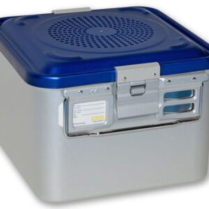 Contenedor de instrumental con filtro GIMA – fondo perforado, azul – modelos pequeño y mediano, autoclavable 134 °C