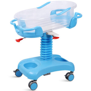 Cuna neonatal con cubeta de plástico transparente, altura regulable hidráulica e inclinación 12° anti-Trendelenburg – GIMA (Ref. GM43502, azul claro)