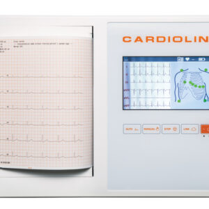 Electrocardiógrafo Cardioline ECG200L Glasgow · ECG de 12 derivaciones en reposo · Pantalla táctil a color de 7" · Interpretación automática con algoritmo Glasgow · Ref. 54204