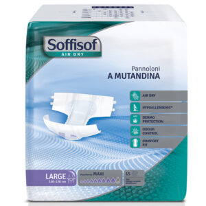 Empapador anatómico desechable para incontinencia SOFFISOF AIR DRY – GIMA (transpirable, con cintas reposicionables, tallas M, L y XXL)