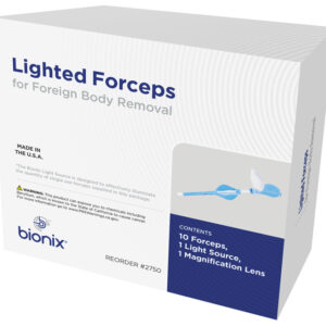 Fórceps ORL iluminado con lente e iluminador LED – Punta articulada de 90° para extracción de cerumen y cuerpos extraños del oído (GIMA, Ref. 31458) – Caja de 10 uds.