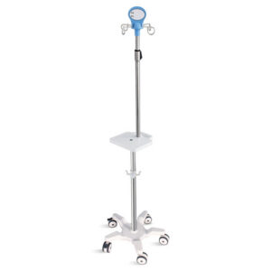 I.V. INFUSION STAND ON 5 WHEELS TROLLEY with handle and shelf - s/s - 4 hooks